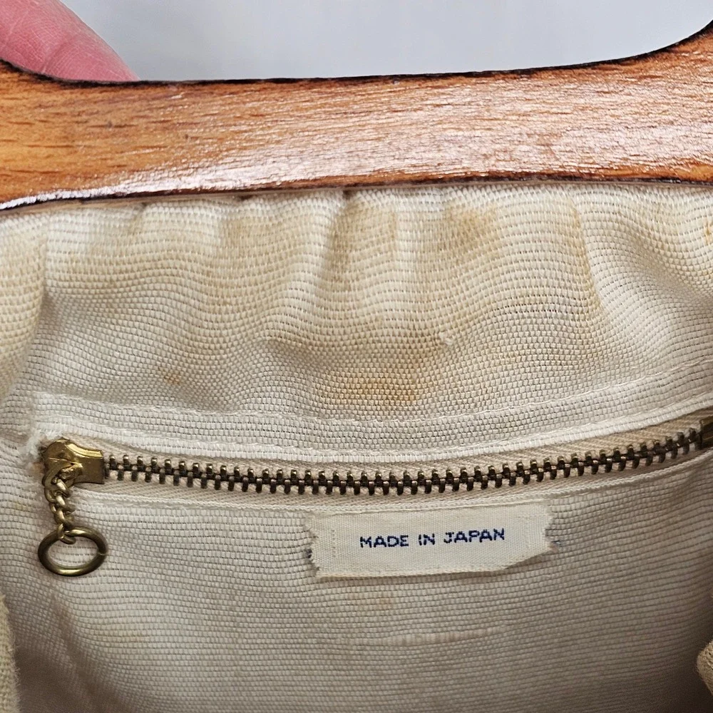 Vintage‎ Japan Raffia Straw Handbag Wood Beaded Top Handle Boho 60s 70s